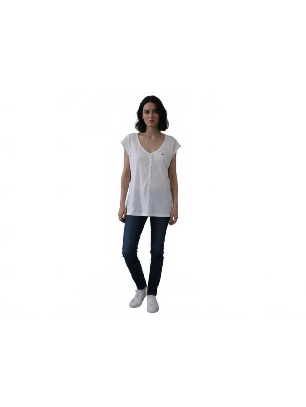 Lacoste White Cotton Modal Blend V-Neck Button Front T-Shirt Size 38